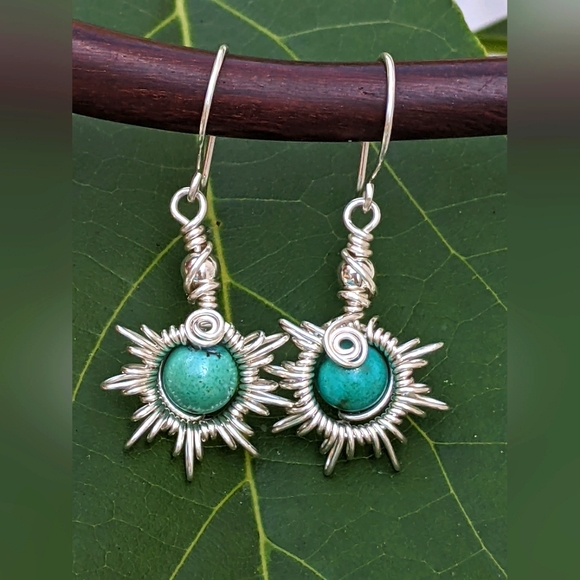 Hand Crafted 925 Sterling Silver Sunburst Earrings Turquoise Gemstone Beads - Picture 2 of 15